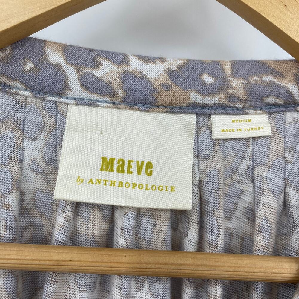 Anthropologie Maeve Leopard Print Linen Top Puff Sleeve Scoopneck Gray Medium - Picture 6 of 8